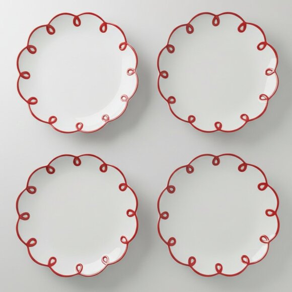 Anthropologie Red Scalloped Dessert Plates Set of 4Ceramic Loop EdgeNWOT
